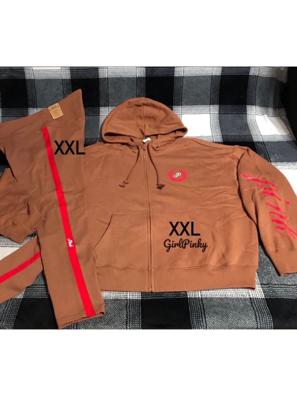 VS PINK LEGGINGS OUTFIT & FULL ZIP LOGO HOODIE IN CARAMEL KISS IN SIZE XXL